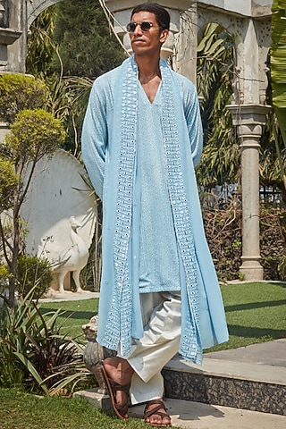 Light Blue Georgette Chikankari Embroidered Kurta Set by Bohame Men