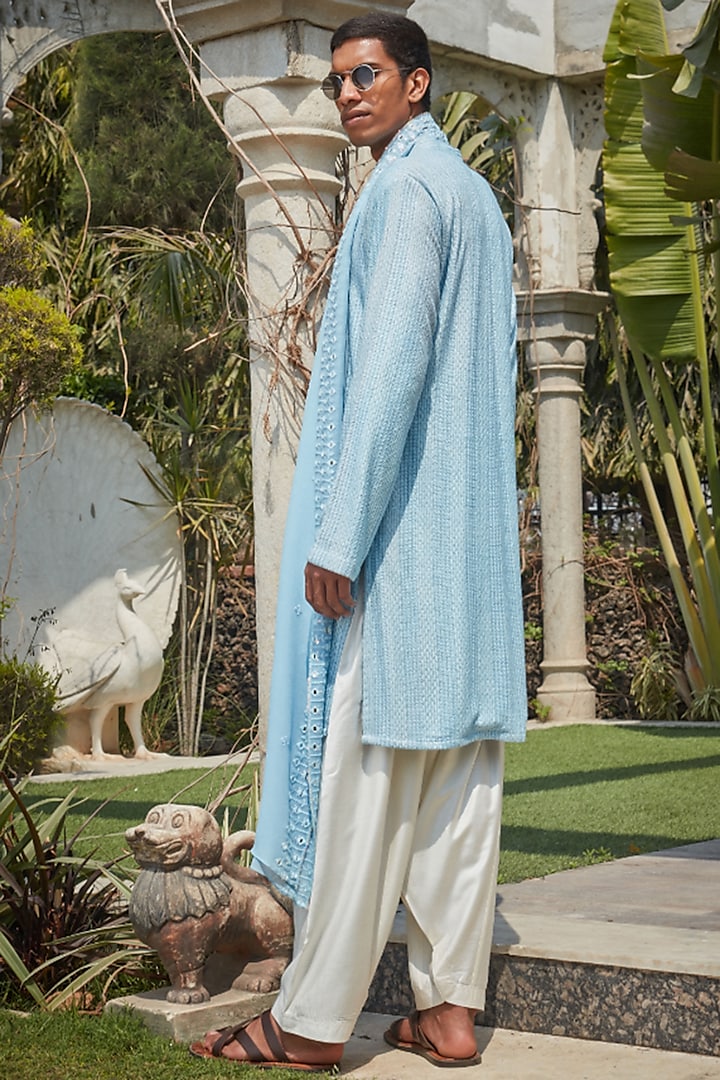 Light Blue Georgette Chikankari Embroidered Kurta Set by Bohame Men at Pernia's Pop Up Shop