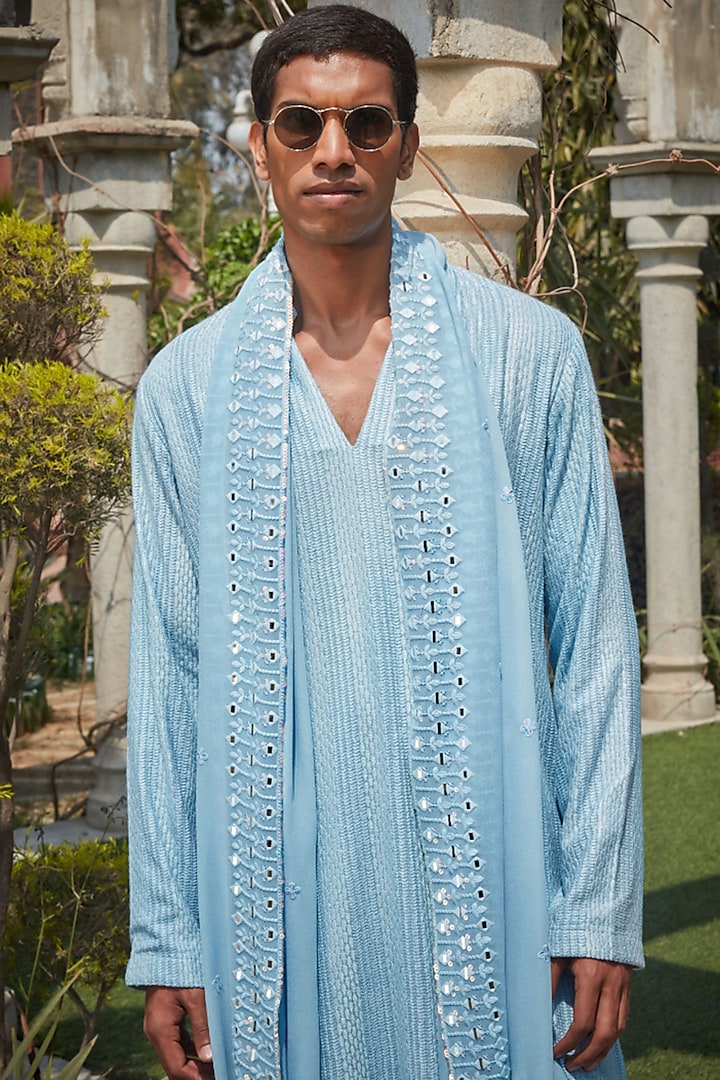 Light Blue Georgette Chikankari Embroidered Kurta Set by Bohame Men at Pernia's Pop Up Shop