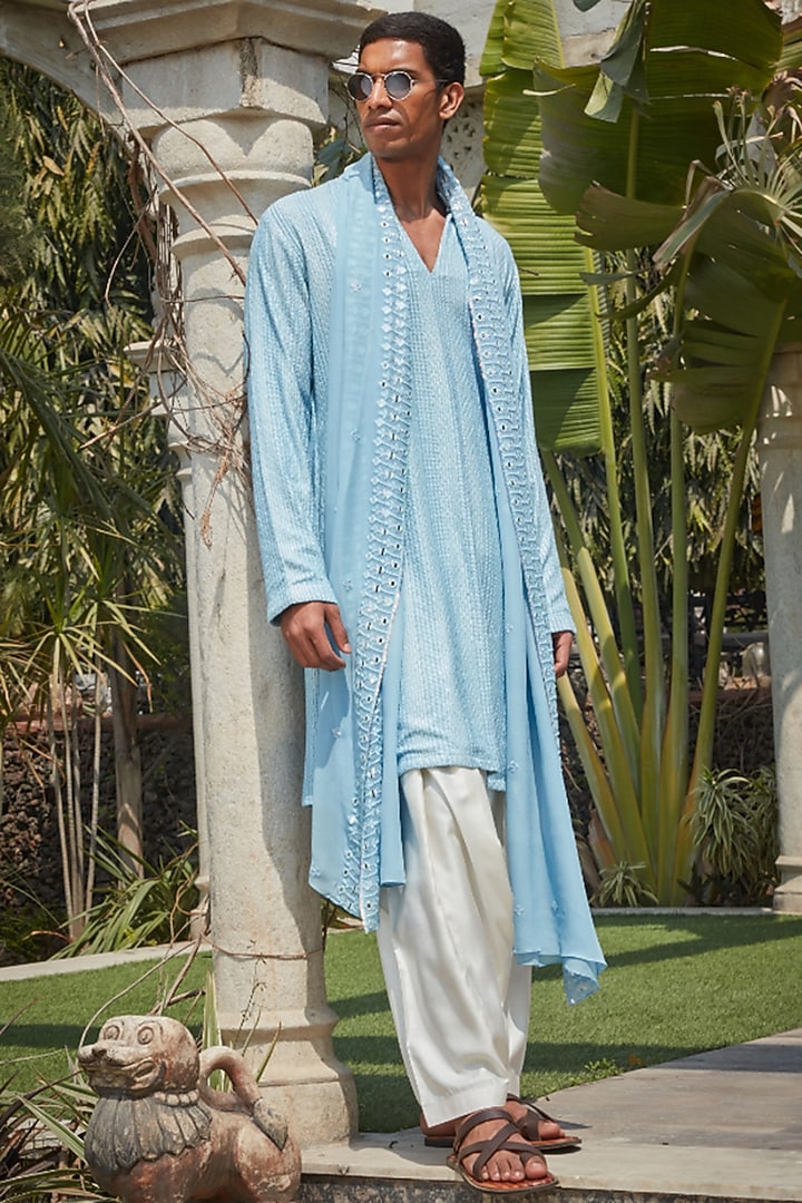 Light Blue Georgette Chikankari Embroidered Kurta Set by Bohame Men at Pernia's Pop Up Shop