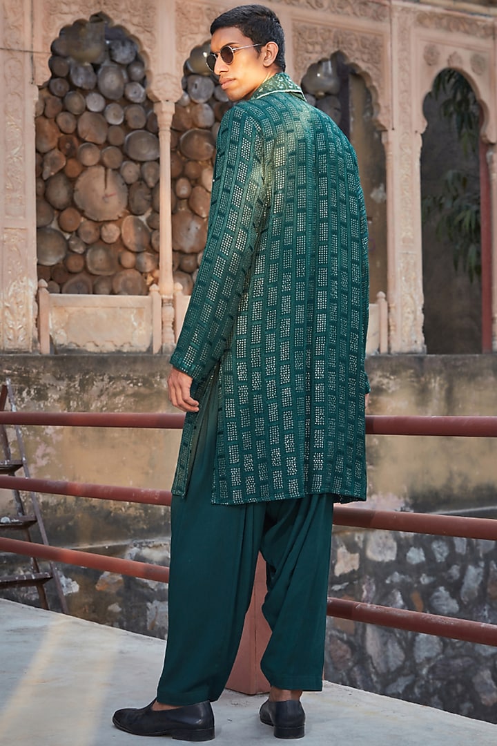 Bottle Green Georgette Chikankari Embroidered Kurta Set by Bohame Men at Pernia's Pop Up Shop