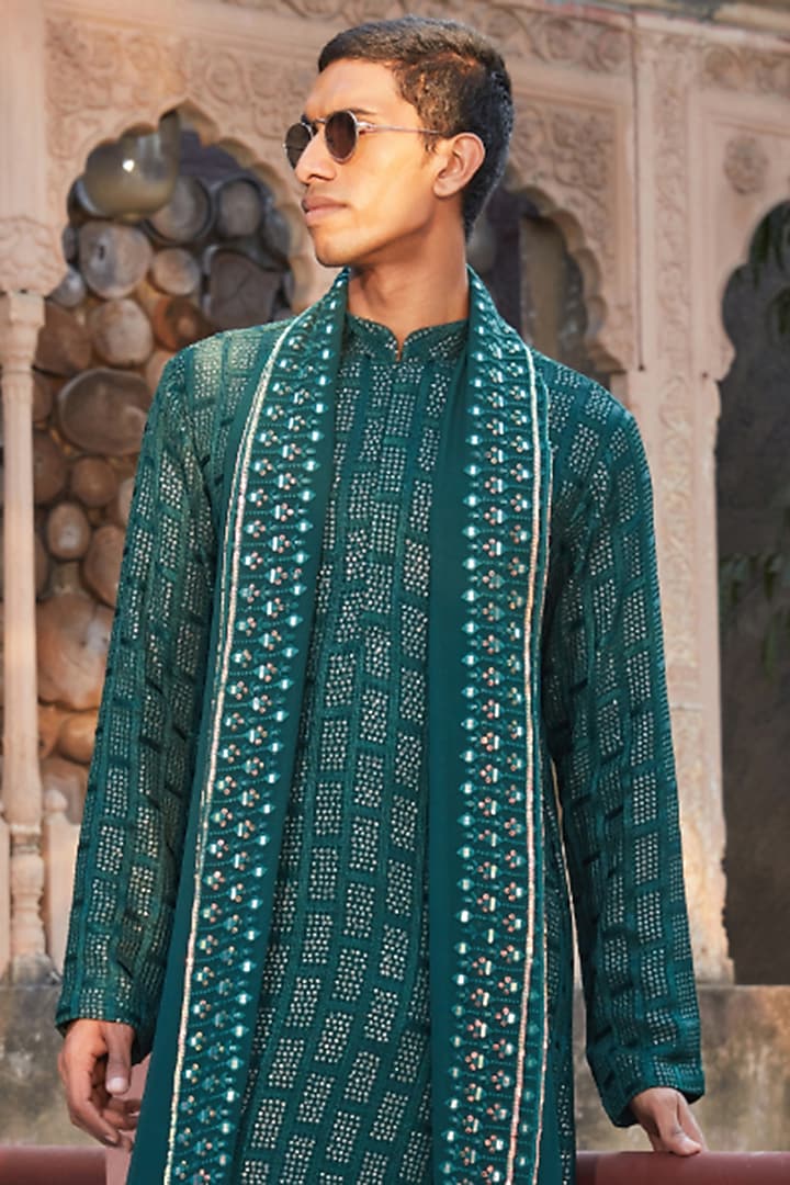 Bottle Green Georgette Chikankari Embroidered Kurta Set by Bohame Men at Pernia's Pop Up Shop