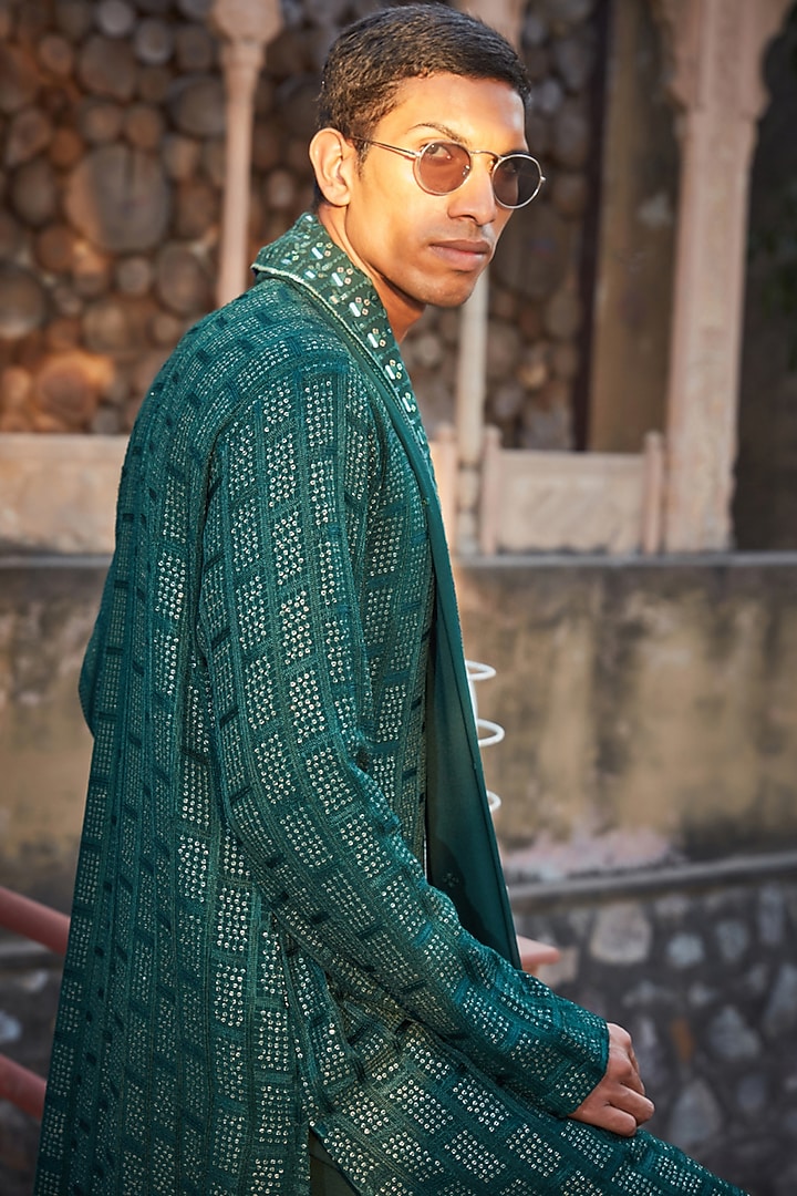 Bottle Green Georgette Chikankari Embroidered Kurta Set by Bohame Men at Pernia's Pop Up Shop