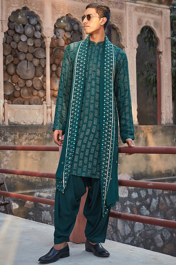 Bottle Green Georgette Chikankari Embroidered Kurta Set by Bohame Men at Pernia's Pop Up Shop