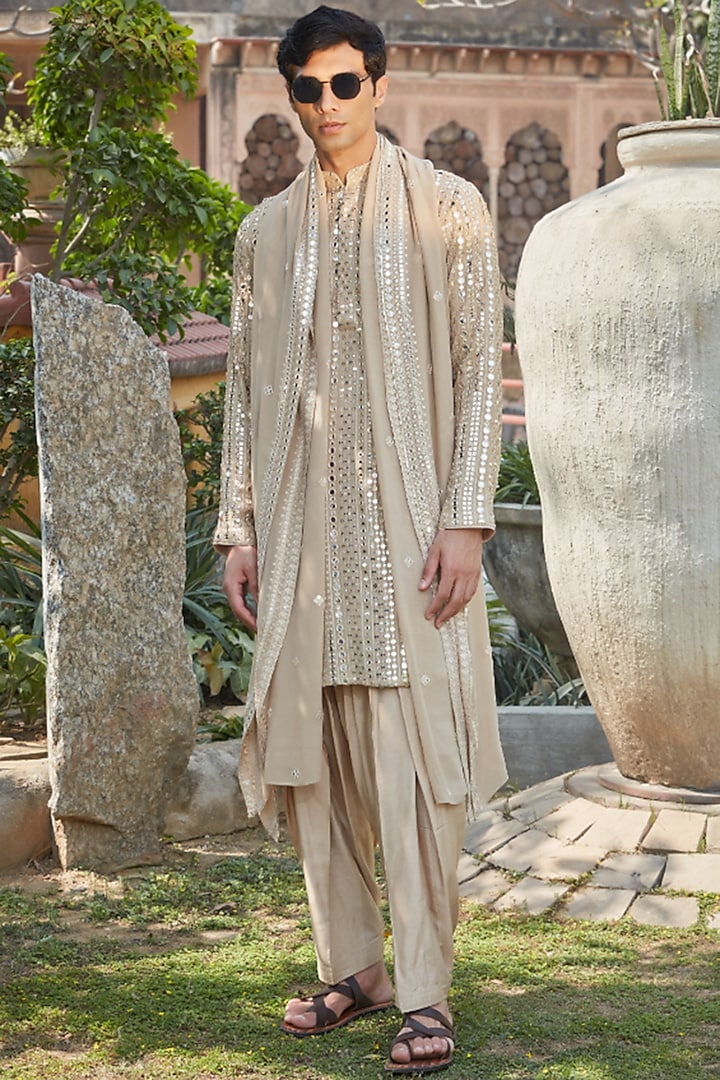 Beige Georgette Chikankari Embroidered Kurta Set by Bohame Men