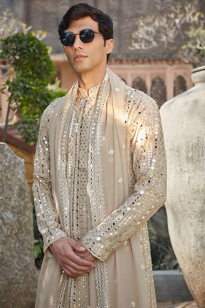Beige Georgette Chikankari Embroidered Kurta Set by Bohame Men at Pernia's Pop Up Shop