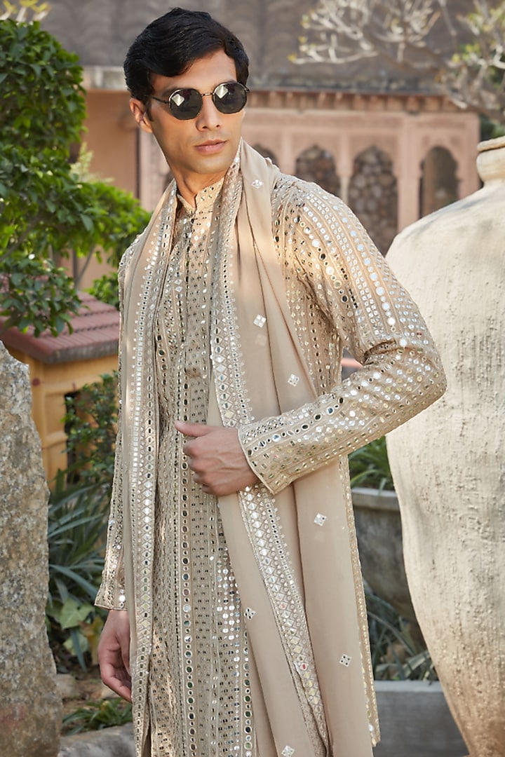 Beige Georgette Chikankari Embroidered Kurta Set by Bohame Men at Pernia's Pop Up Shop