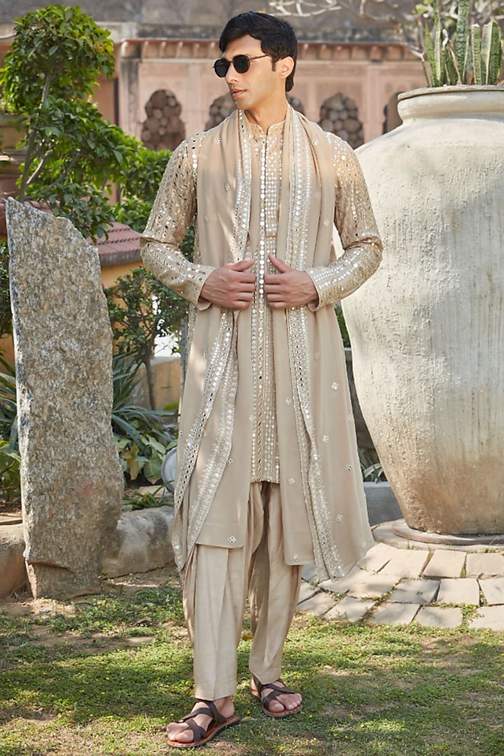 Beige Georgette Chikankari Embroidered Kurta Set by Bohame Men at Pernia's Pop Up Shop