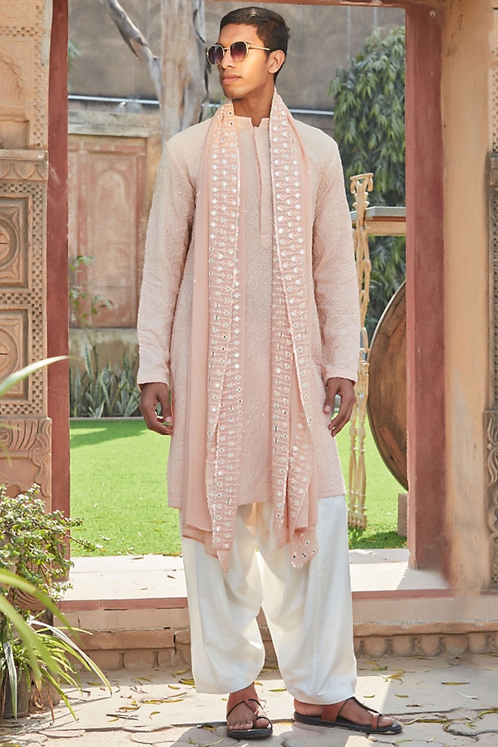 Peach Georgette Chikankari Embroidered Kurta Set by Bohame Men