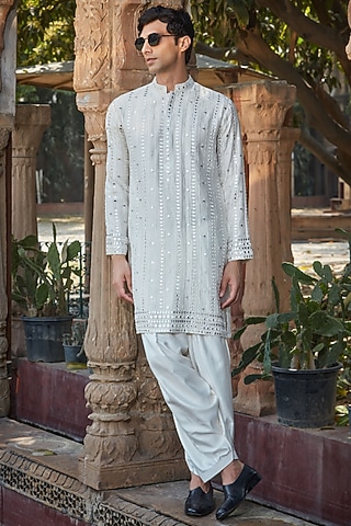 Off-White Chanderi Chikankari Embroidered Kurta Set by Bohame Men