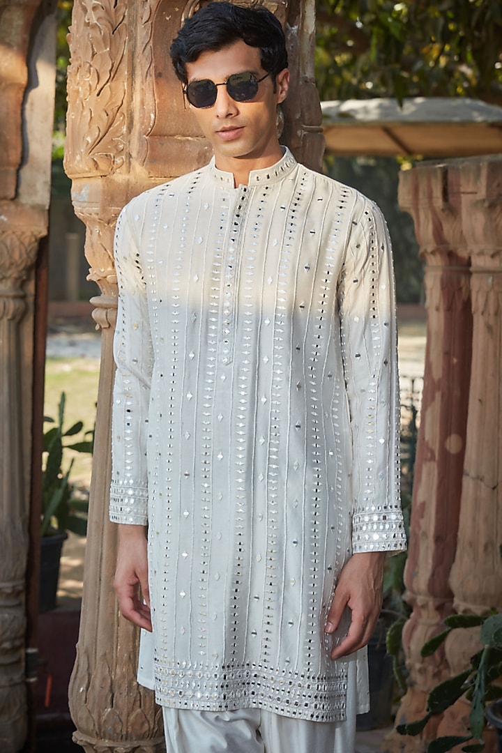Off-White Chanderi Chikankari Embroidered Kurta Set by Bohame Men at Pernia's Pop Up Shop