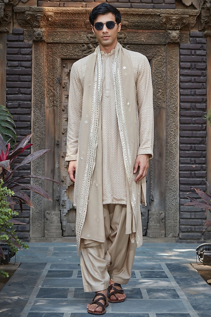 Beige Georgette Chikankari Embroidered Kurta Set by Bohame Men