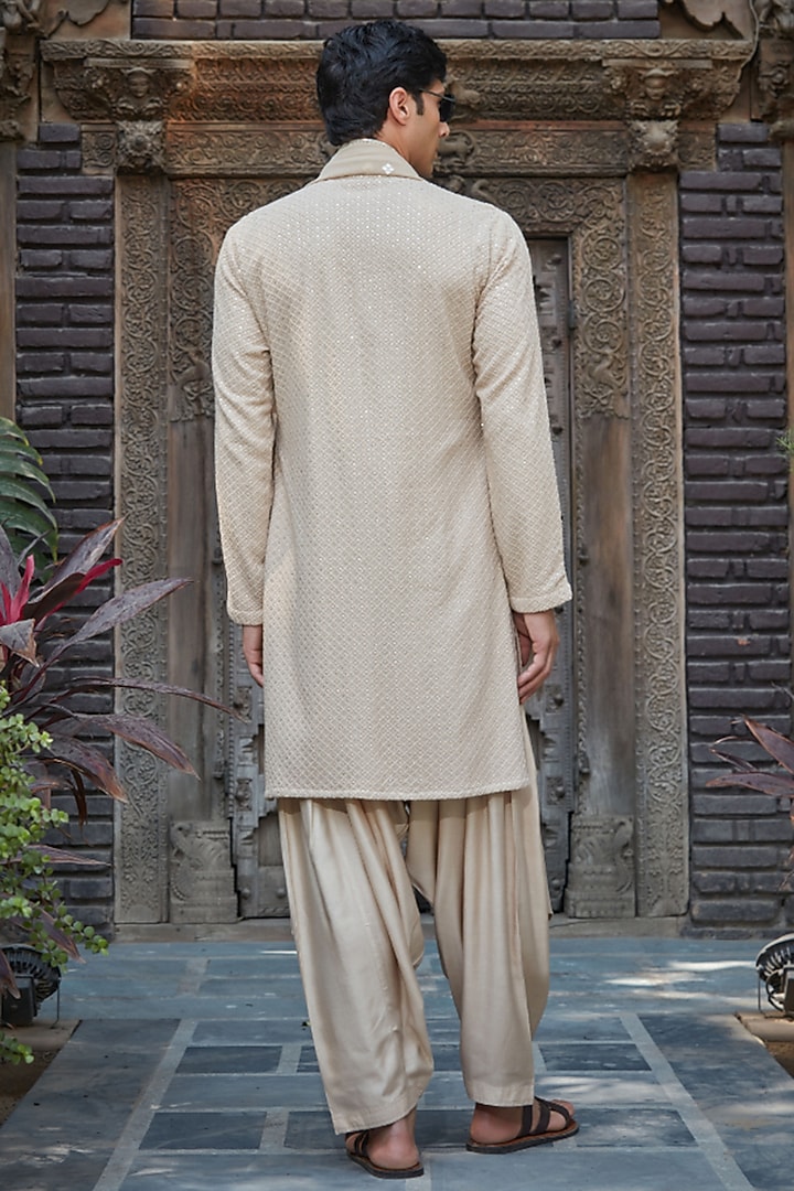 Beige Georgette Chikankari Embroidered Kurta Set by Bohame Men at Pernia's Pop Up Shop