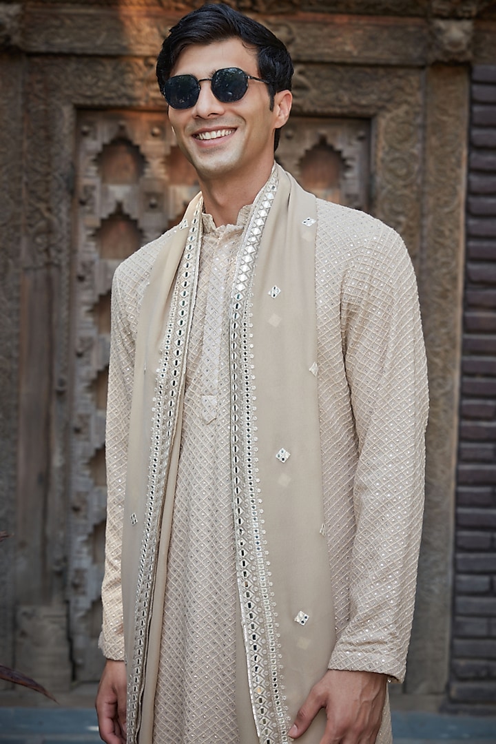 Beige Georgette Chikankari Embroidered Kurta Set by Bohame Men at Pernia's Pop Up Shop