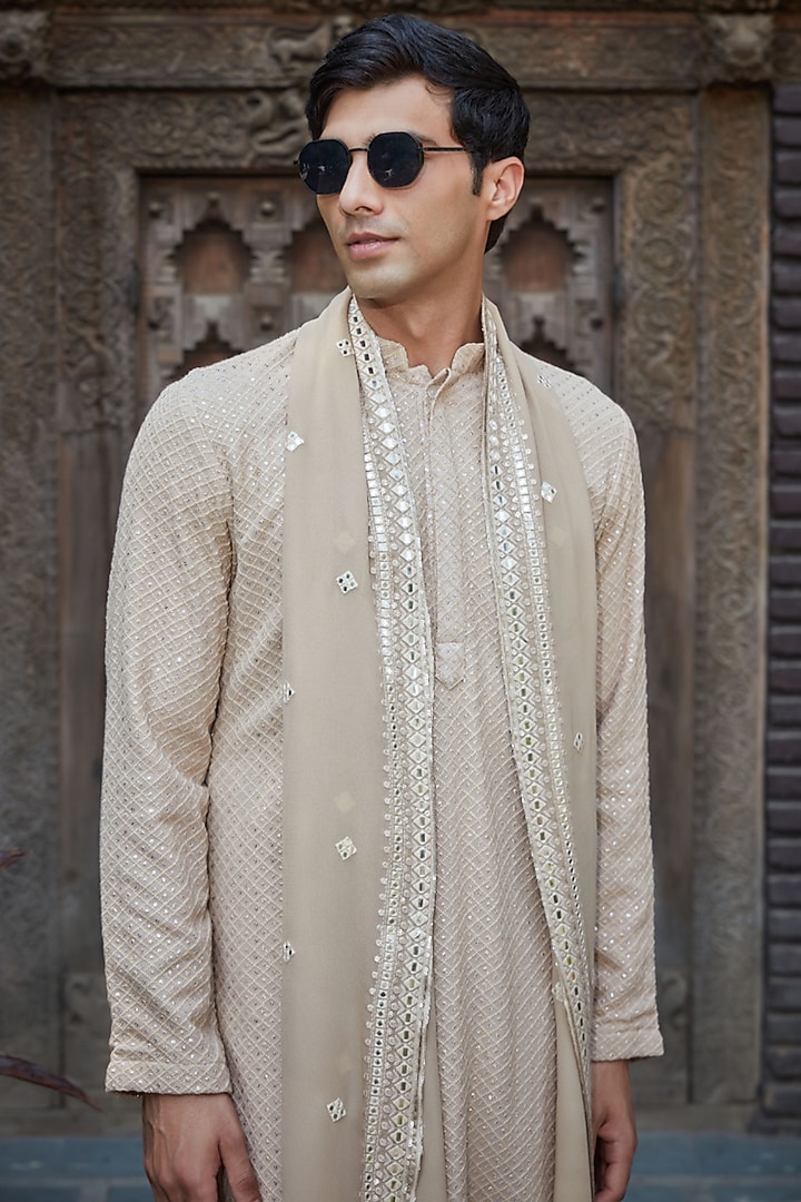 Beige Georgette Chikankari Embroidered Kurta Set by Bohame Men at Pernia's Pop Up Shop