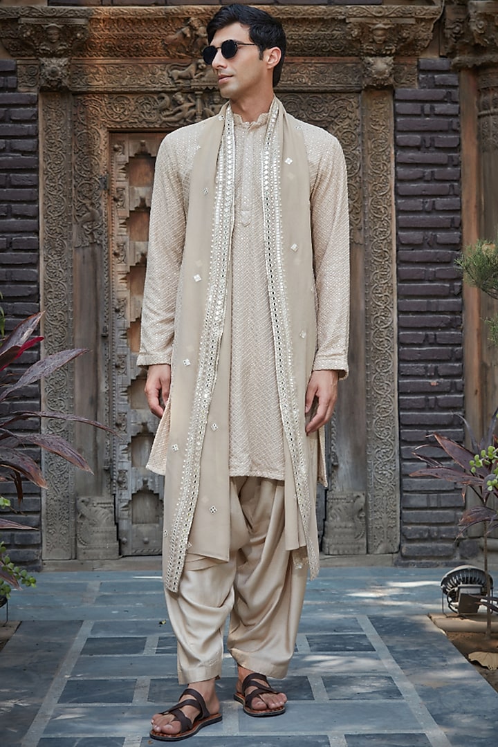 Beige Georgette Chikankari Embroidered Kurta Set by Bohame Men at Pernia's Pop Up Shop