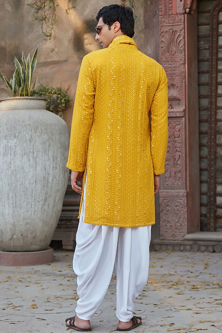 Mustard Georgette Chikankari Embroidered Kurta Set by Bohame Men at Pernia's Pop Up Shop
