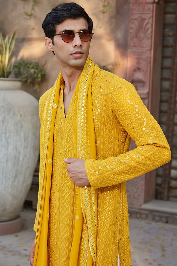 Mustard Georgette Chikankari Embroidered Kurta Set by Bohame Men at Pernia's Pop Up Shop