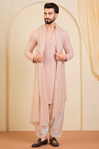 Light Pink Georgette Chikankari Kurta Set by Bohame Men