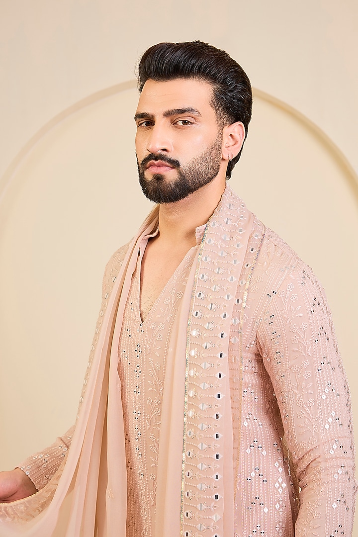 Light Pink Georgette Chikankari Kurta Set by Bohame Men at Pernia's Pop Up Shop
