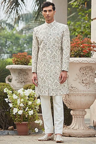 Off-White Georgette Embroidered Achkan Jacket Set by Bohame Men