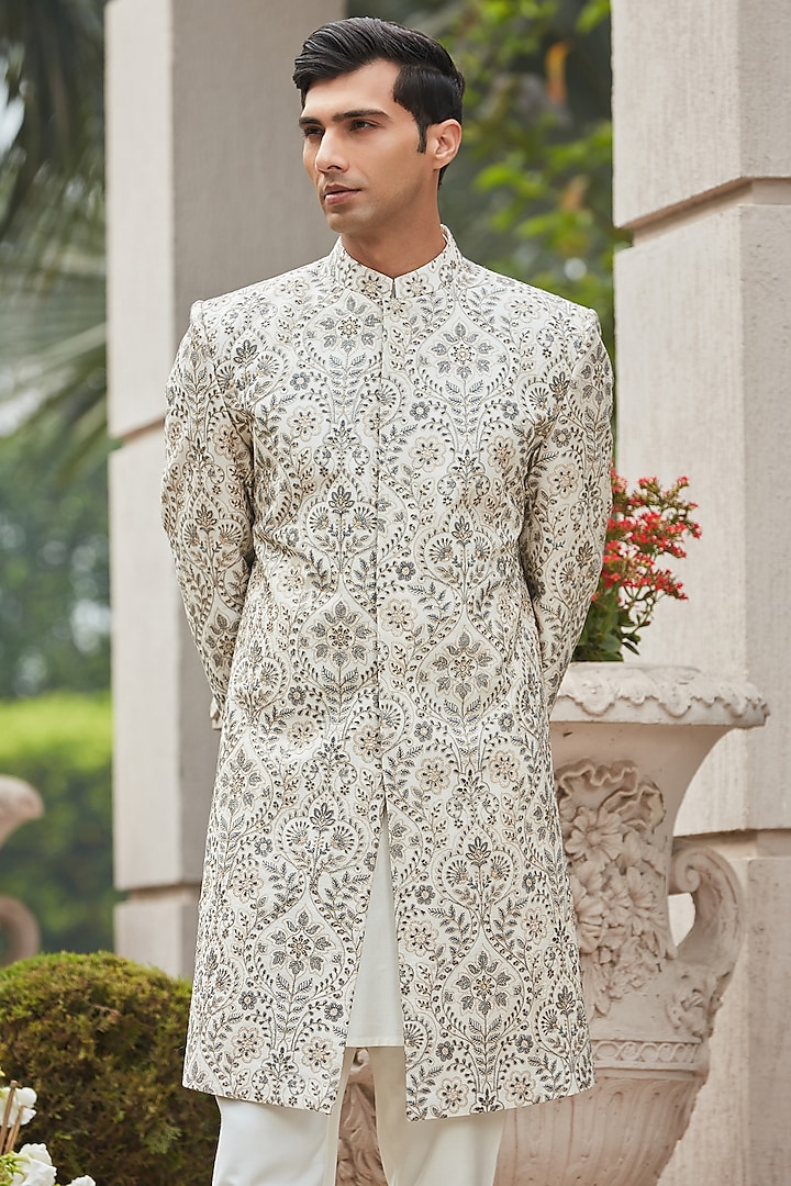 Off-White Georgette Embroidered Achkan Jacket Set by Bohame Men at Pernia's Pop Up Shop