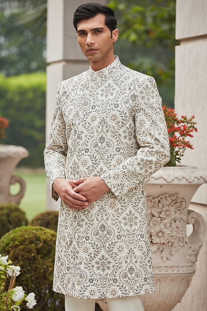Off-White Georgette Embroidered Achkan Jacket Set by Bohame Men at Pernia's Pop Up Shop