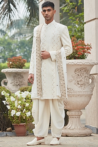 Off-White Georgette Chikankari Embroidered Achkan Jacket Set by Bohame Men