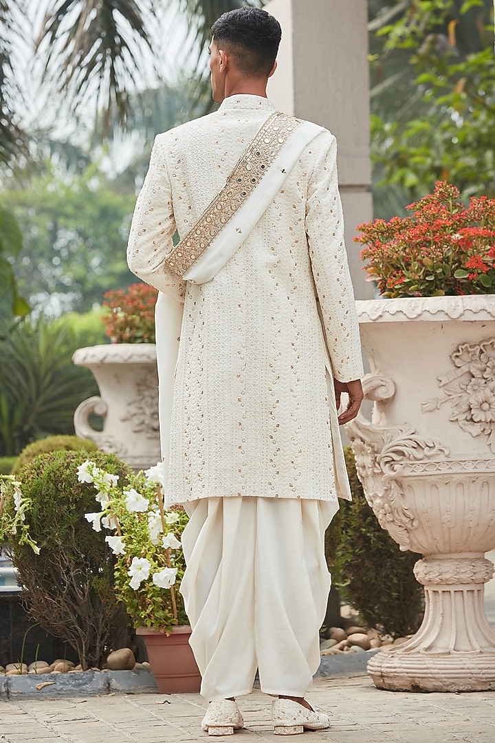 Off-White Georgette Chikankari Embroidered Achkan Jacket Set by Bohame Men at Pernia's Pop Up Shop