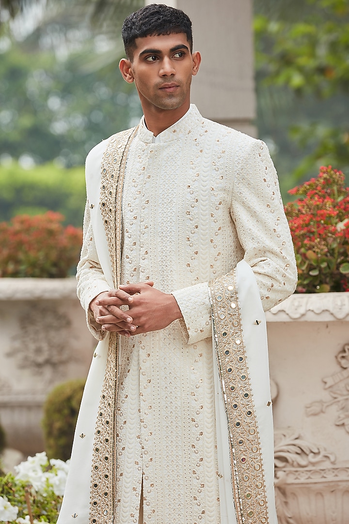 Off-White Georgette Chikankari Embroidered Achkan Jacket Set by Bohame Men at Pernia's Pop Up Shop