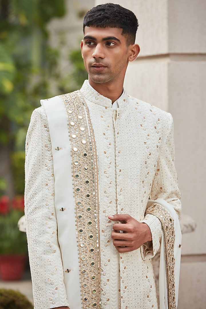 Off-White Georgette Chikankari Embroidered Achkan Jacket Set by Bohame Men at Pernia's Pop Up Shop
