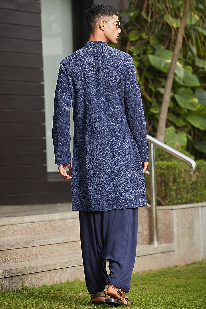 Midnight Blue Georgette Embroidered Kurta Set by Bohame Men at Pernia's Pop Up Shop
