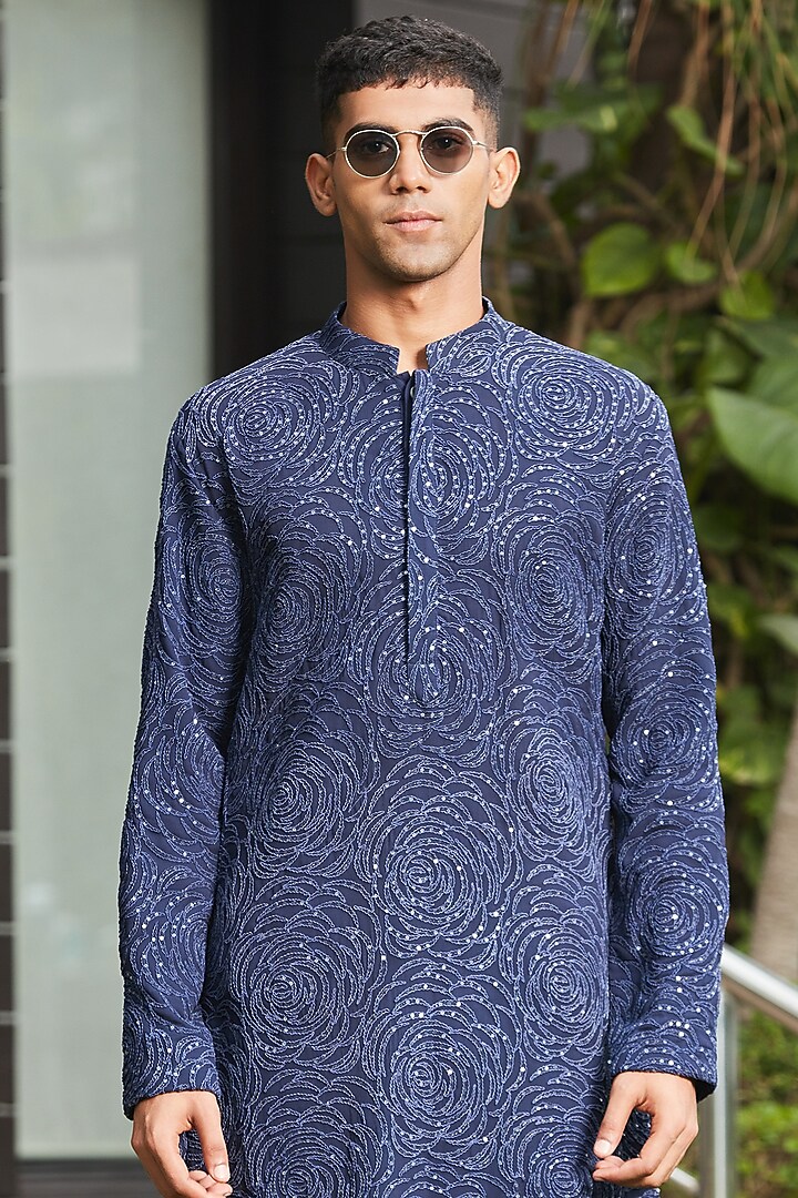 Midnight Blue Georgette Embroidered Kurta Set by Bohame Men at Pernia's Pop Up Shop