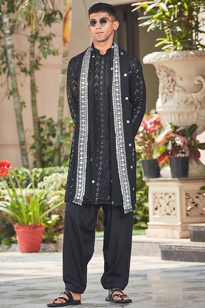 Black Georgette Chikankari Embroidered Kurta Set by Bohame Men at Pernia's Pop Up Shop