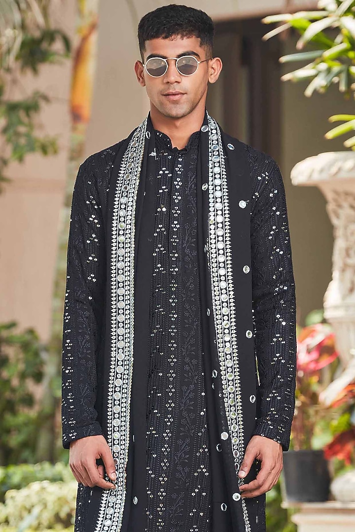 Black Georgette Chikankari Embroidered Kurta Set by Bohame Men at Pernia's Pop Up Shop