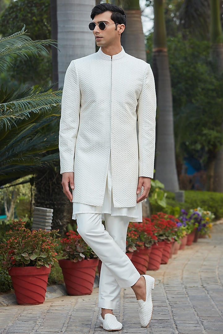 Off-White Georgette Chikankari Embroidered Indo-Western Jacket Set by Bohame Men
