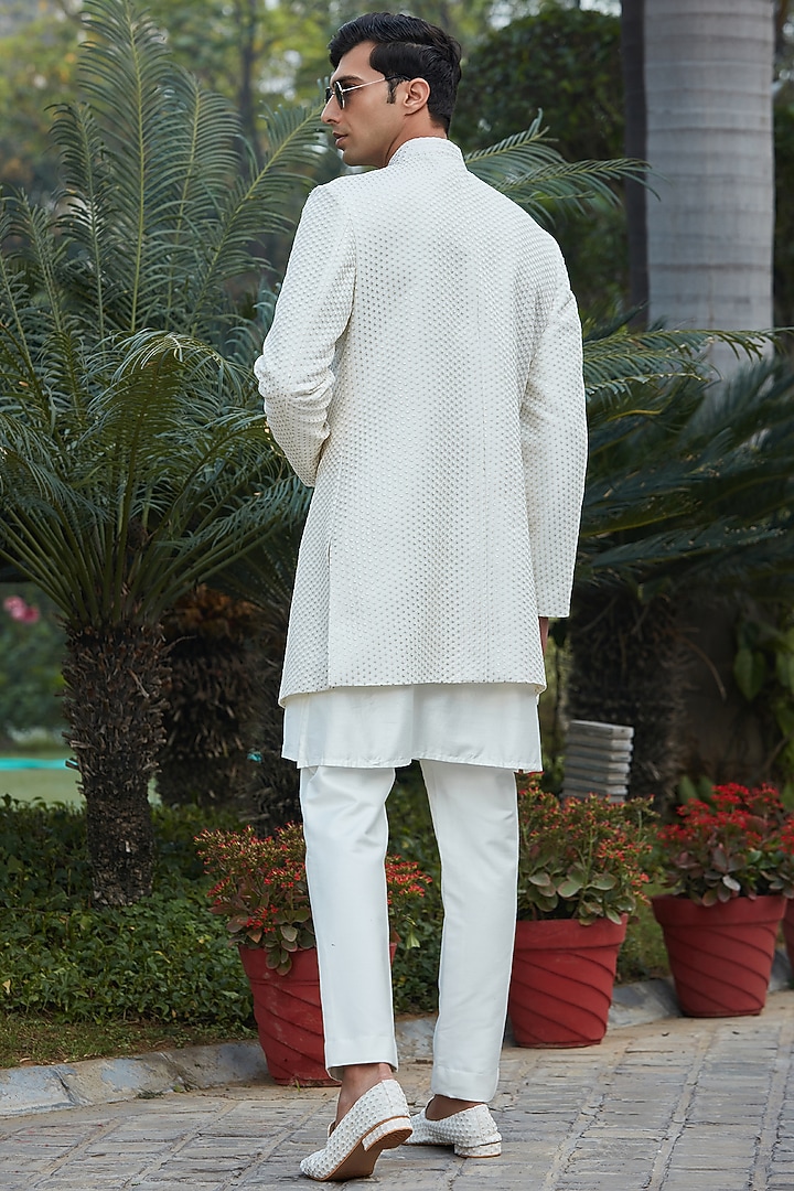 Off-White Georgette Chikankari Embroidered Indo-Western Jacket Set by Bohame Men at Pernia's Pop Up Shop