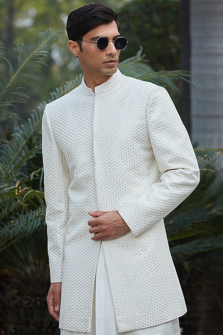 Off-White Georgette Chikankari Embroidered Indo-Western Jacket Set by Bohame Men at Pernia's Pop Up Shop
