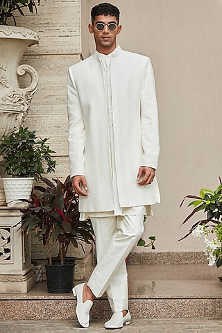 Off-White Georgette Embroidered Indo-Western Set by Bohame Men
