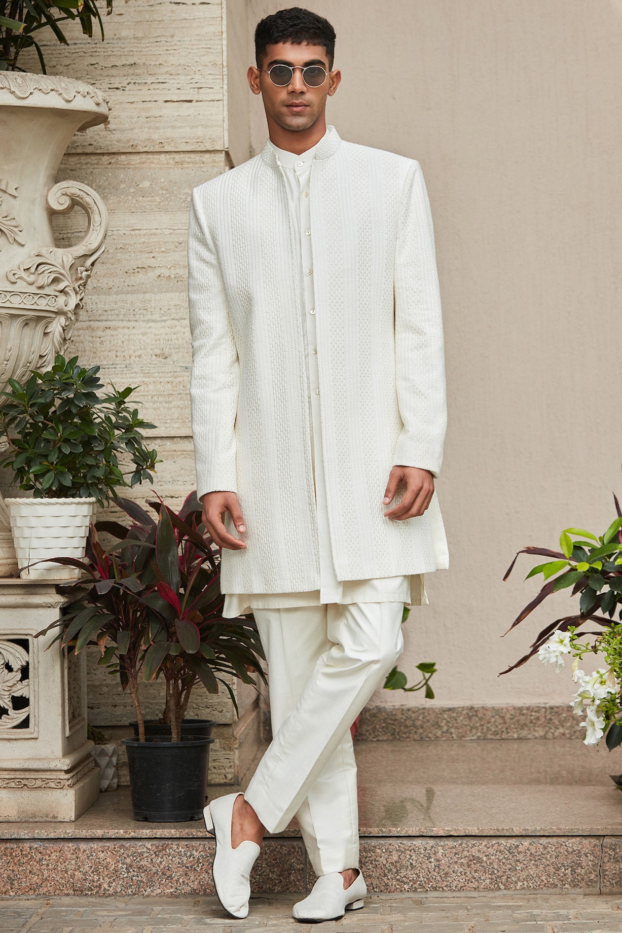 Off-White Georgette Embroidered Indo-Western Set by Bohame Men at