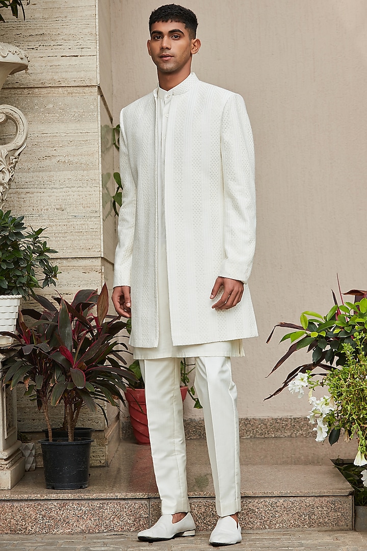 Off-White Georgette Embroidered Indo-Western Set by Bohame Men at Pernia's Pop Up Shop