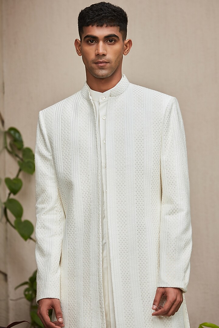 Off-White Georgette Embroidered Indo-Western Set by Bohame Men at Pernia's Pop Up Shop