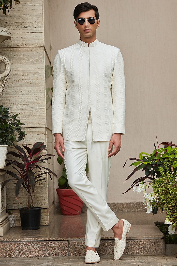 Off-White Georgette Embroidered Bandhgala Jacket Set by Bohame Men