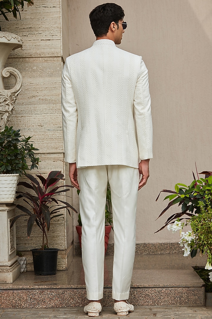 Off-White Georgette Embroidered Wedding Bandhgala Set by Bohame Men at Pernia's Pop Up Shop