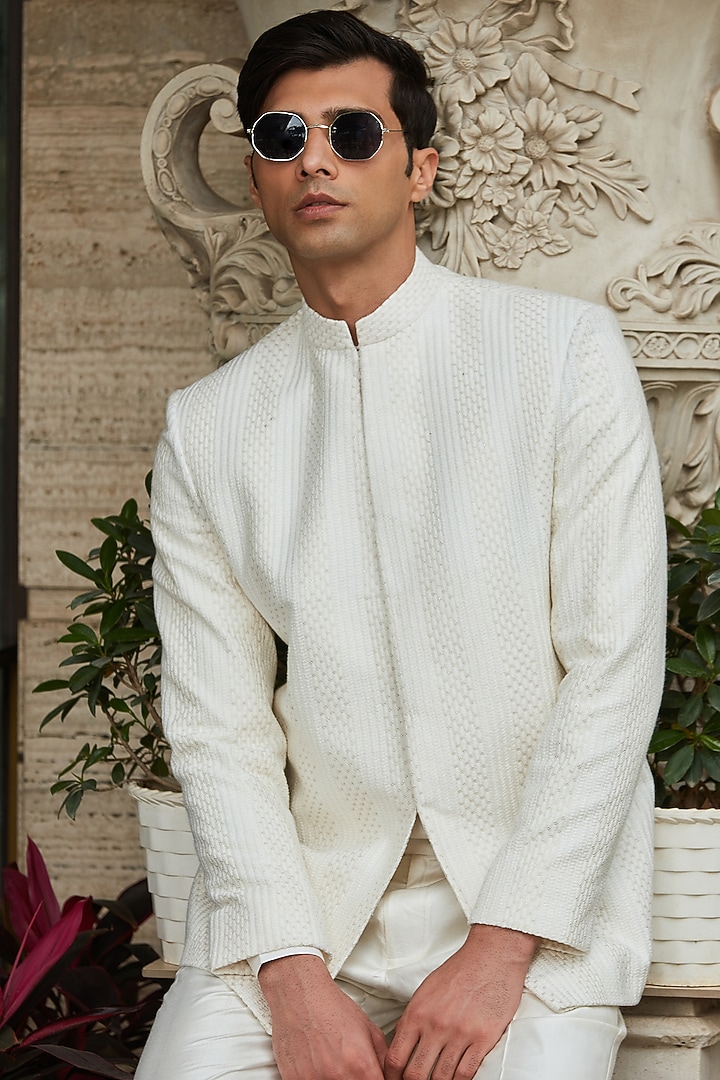 Off-White Georgette Embroidered Wedding Bandhgala Set by Bohame Men at Pernia's Pop Up Shop
