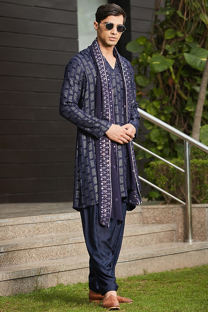 Midnight Blue Georgette Chikankari Embroidered Kurta Set by Bohame Men at Pernia's Pop Up Shop
