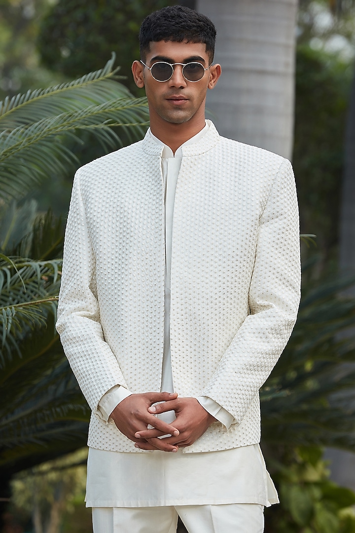 Off-White Georgette Chikankari Embroidered Wedding Indowestern Set by Bohame Men at Pernia's Pop Up Shop