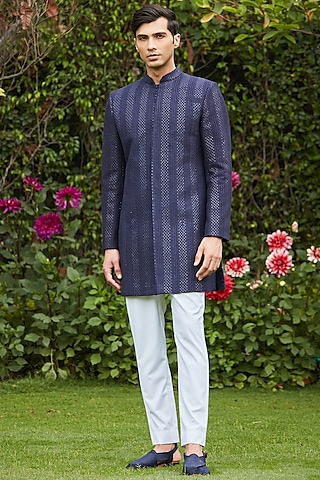 Navy Blue Georgette Chikankari Embroidered Sherwani Set by Bohame Men