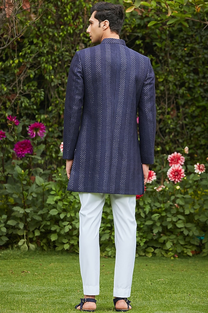 Navy Blue Georgette Chikankari Embroidered Wedding Sherwani Set by Bohame Men at Pernia's Pop Up Shop