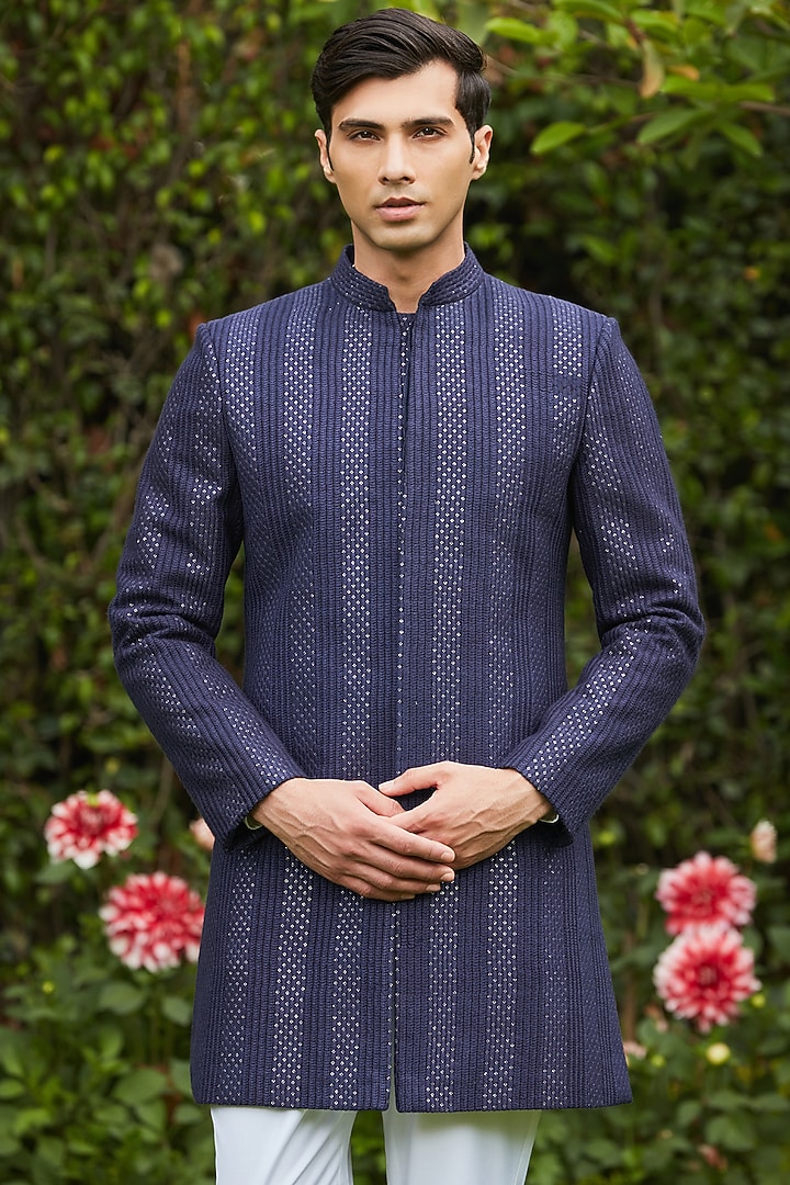 Navy Blue Georgette Chikankari Embroidered Wedding Sherwani Set by Bohame Men at Pernia's Pop Up Shop